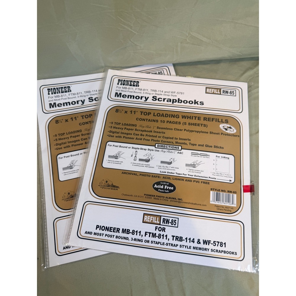 2pk Pioneer RW-85 Memory Scrapbook Refills 8.5x11 White 10 Pages Each Archival